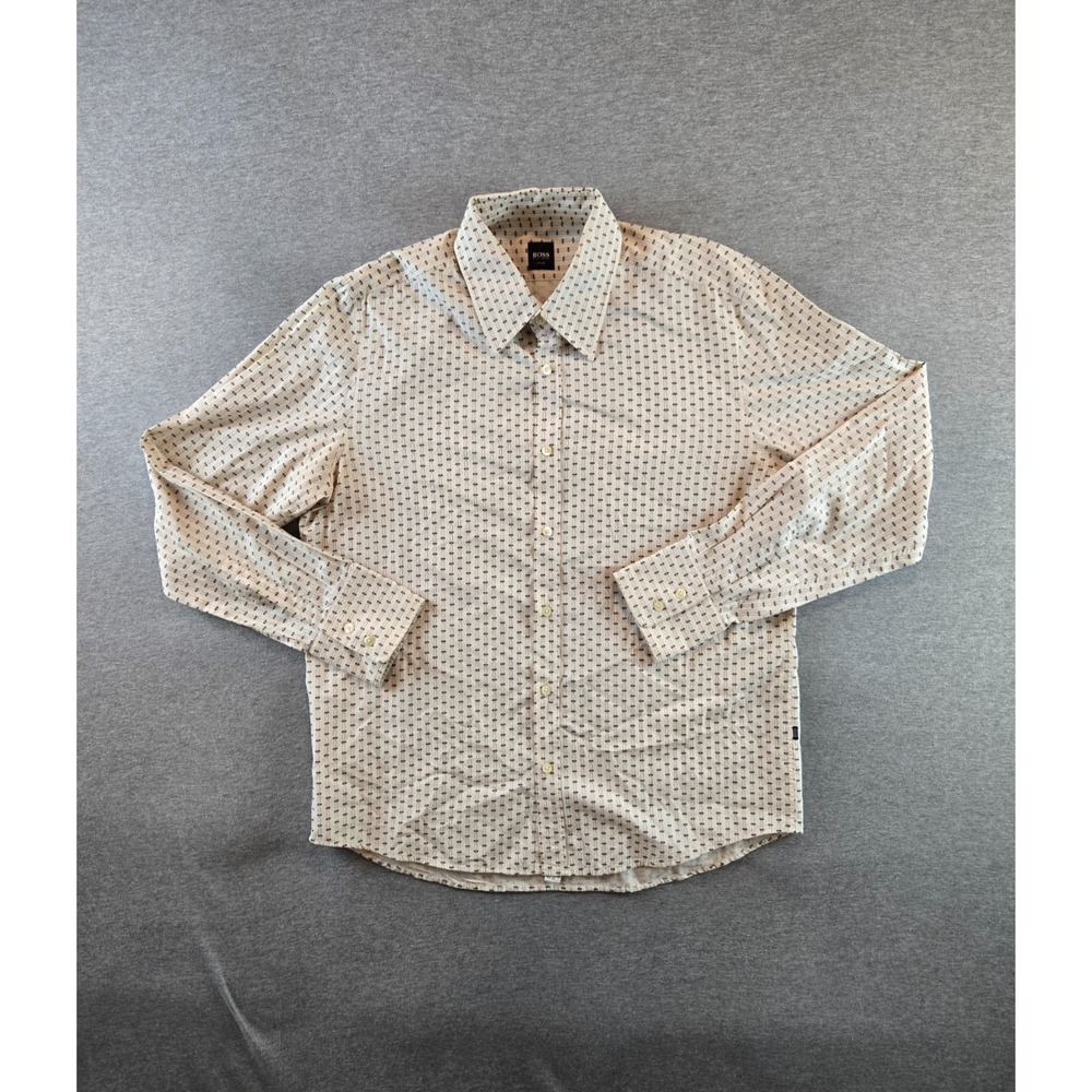 Hugo Boss Shirt Mens XL Cream Lucas LS Geometric Western Pattern Button Up‎